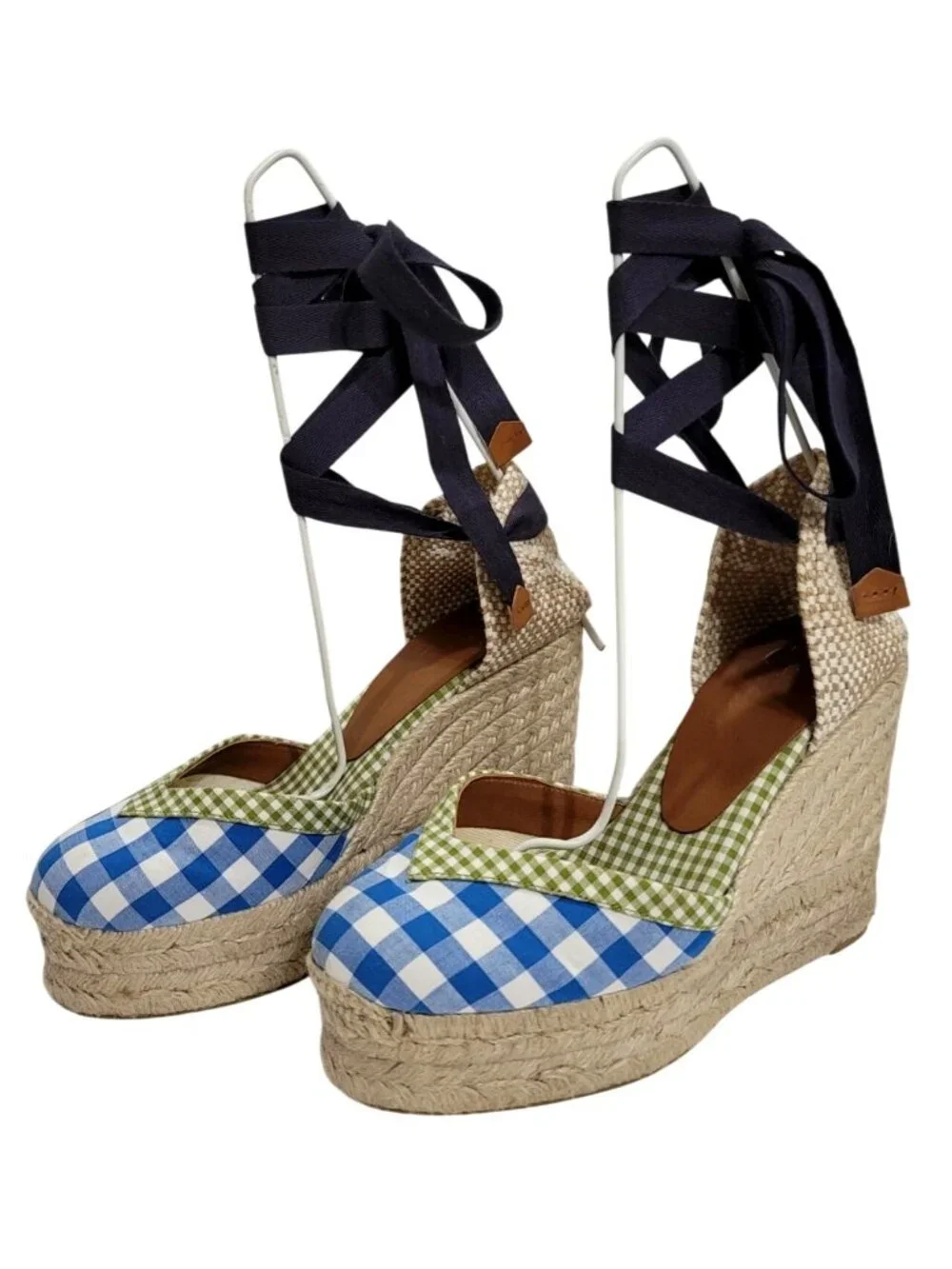 Castaner Womens Espadrille Wedges Blue Gingham Print Lace-Up Size 35